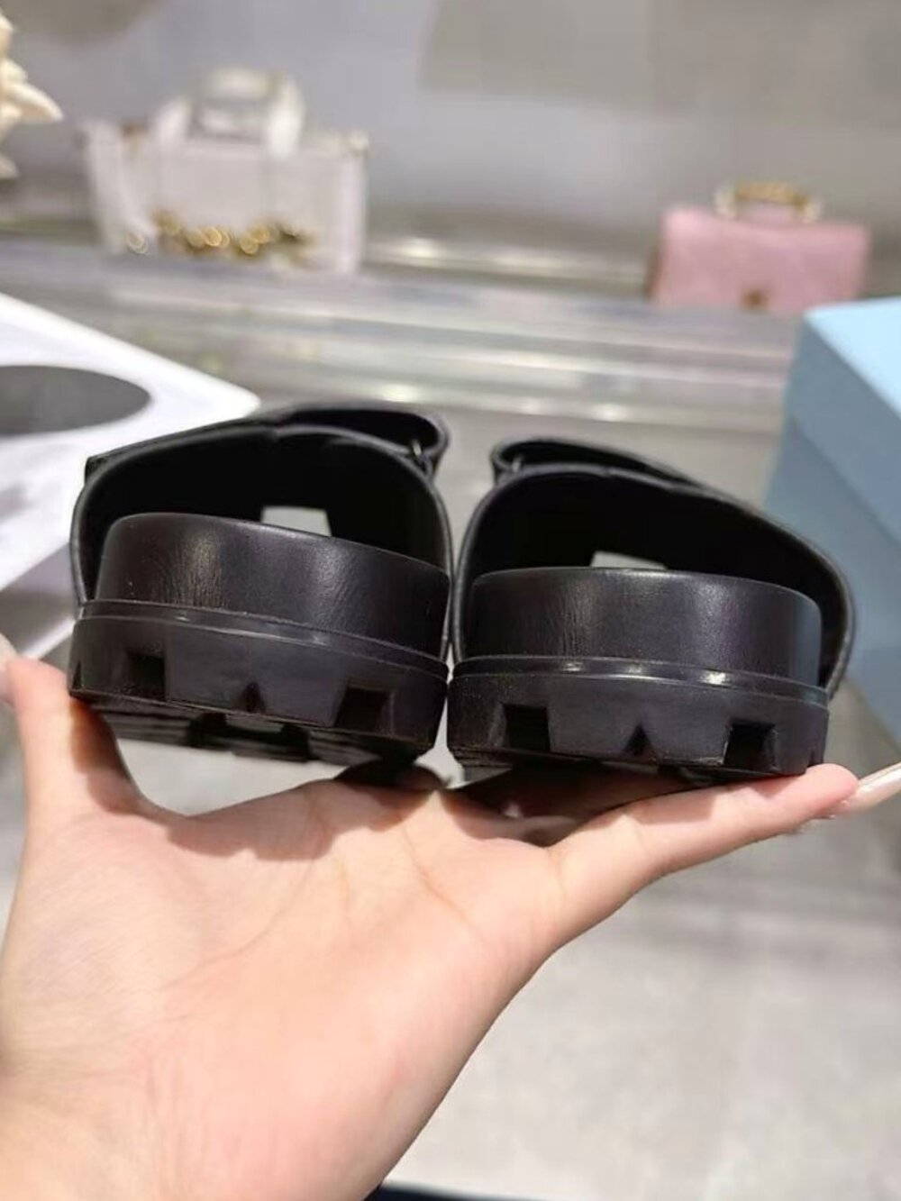 Prada Black Leather Dual Strap Platform Slide Sandals - Picture 7 of 8